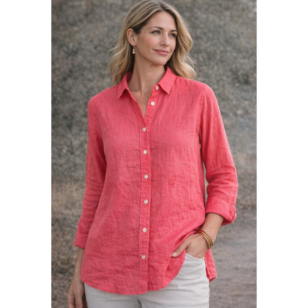 J.Jill Linen Button Front Shirt Pink Coral L Tall Long Sleeve Shell‎ Buttons